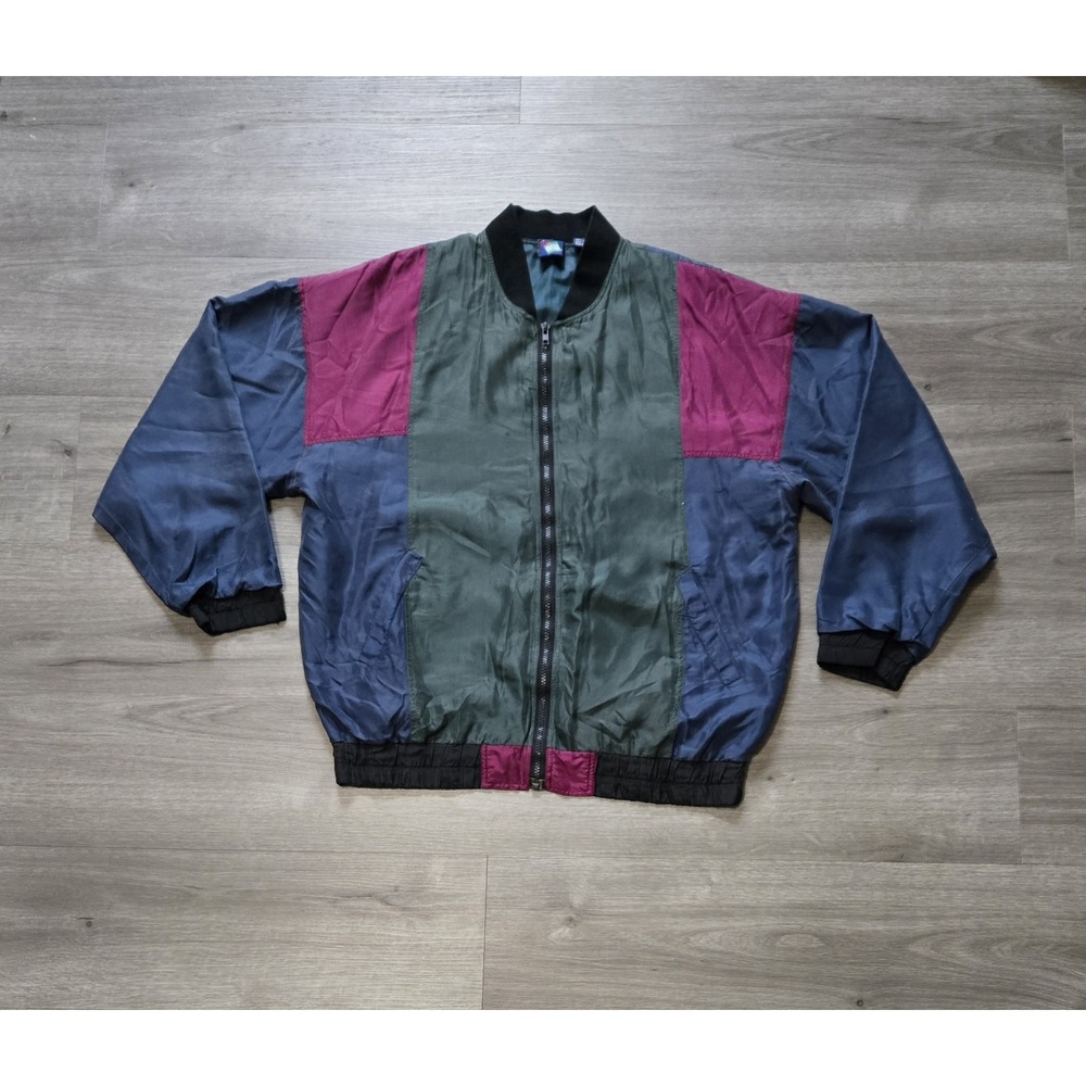 Vintage First Run Silk‎ Windbreaker Jacket Mens Large Blue Green Red Full Zip